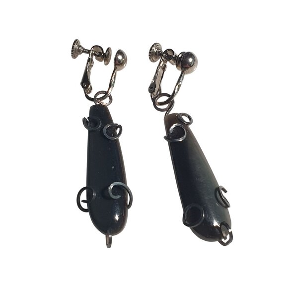 Vintage Black Stone Drop Clip Earrings Silver Tone Wire Wrap Screw Back Retro - Picture 1 of 5